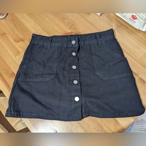 Women's black thick denim button down mini A line skirt with short insert, L